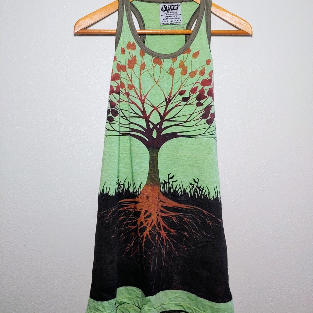 Source Unknown 100% COTTON Green Tree SILKSCREEN Graphic Midi Tank Dress, L